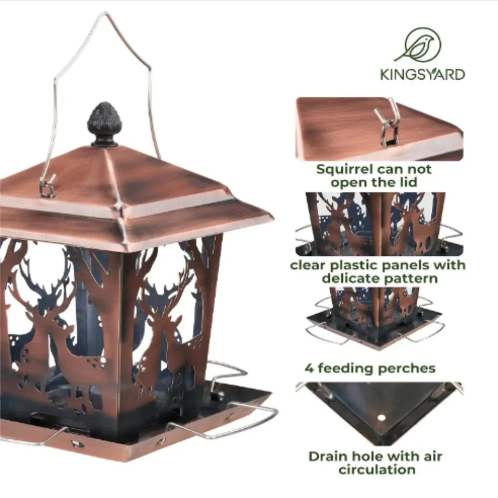 Copper Color Lantern Style Bird Feeder for Outdoors - Wild Bird Hopper Feeder